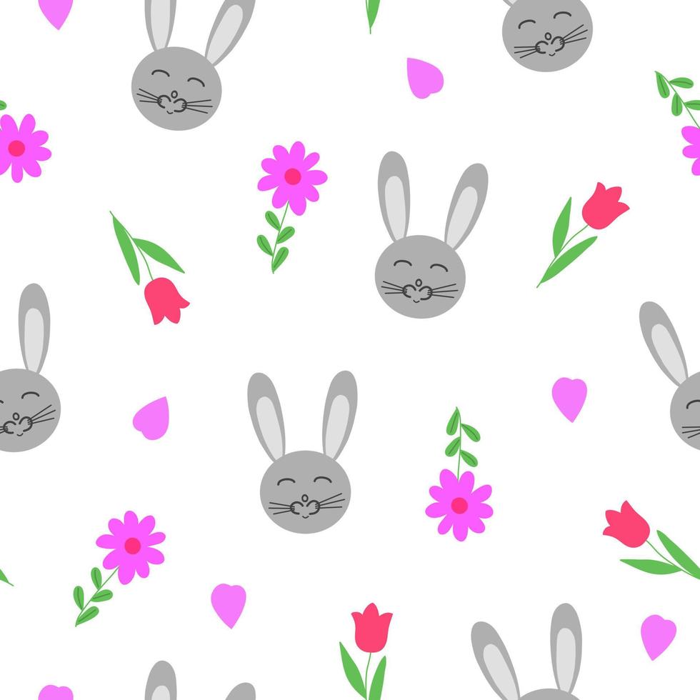 grappige schattige konijntje, hart, bloemen naadloze patroon hand getekend in cartoon stijl, eenvoudige afbeeldingen voor st Valentijn vakantie decor, banners, cadeau papier, kinderen textiel, vectorillustratie vector
