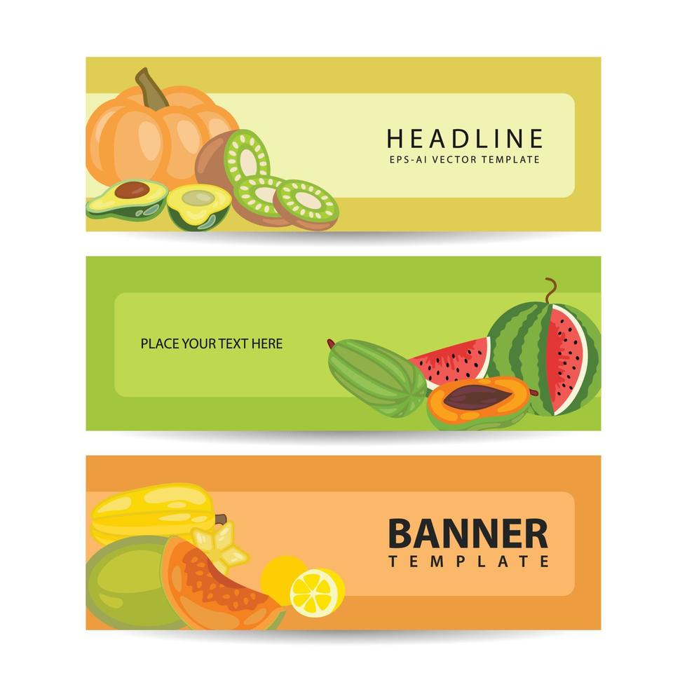 gezonde voeding banners set.fresh fruit en groente.vector illustratie met groente en fruit vector