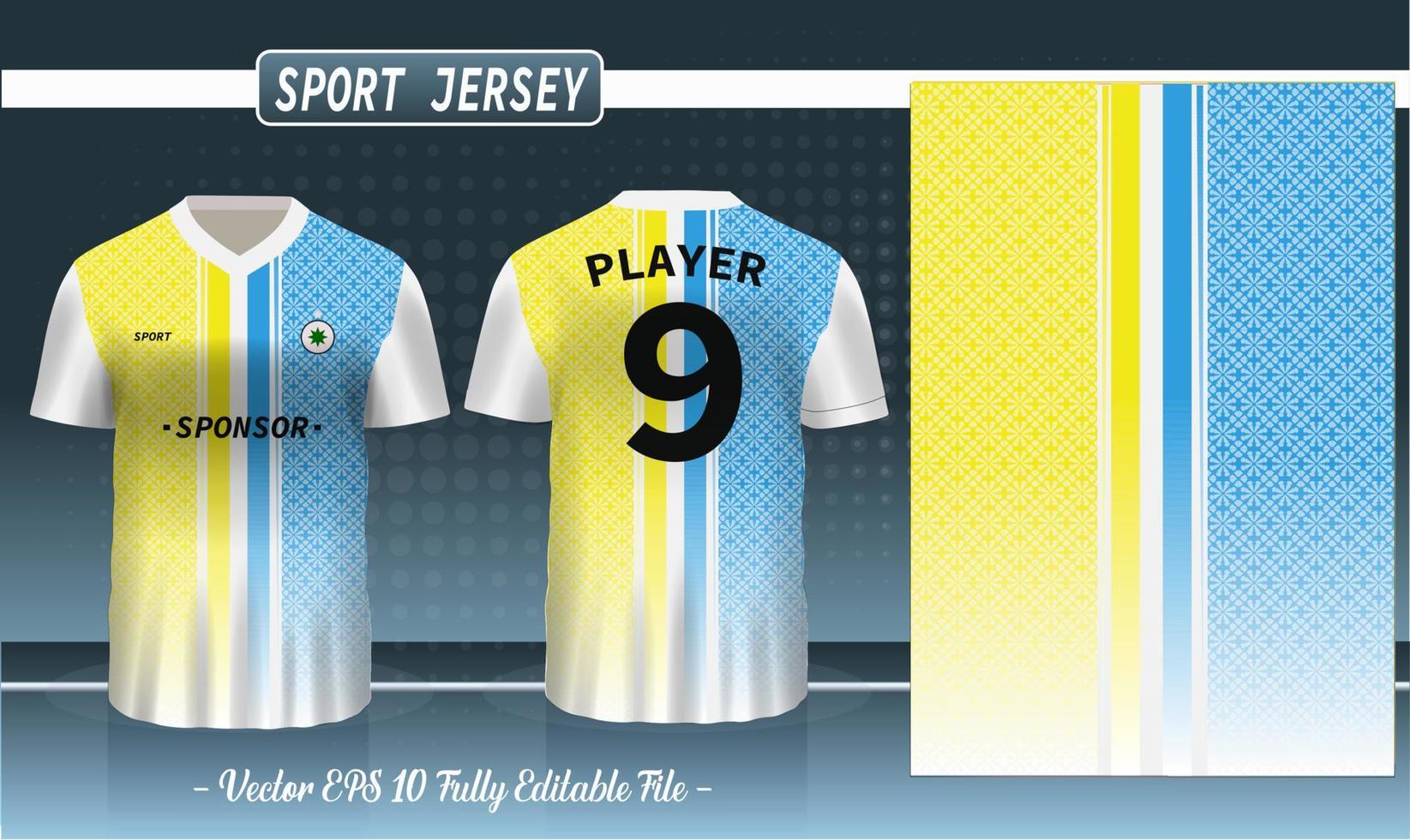 cool patroon voetbaltrui en t-shirt sport mockup sjabloon, grafisch ontwerp voor voetbal kit of activewear uniformen. geel blauw abstract driehoekspatroonthema met 3D-voorbeeld vector