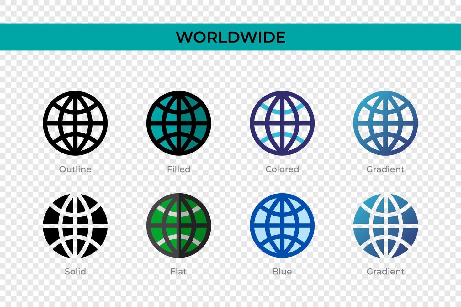 wereldwijd icoon in verschillende stijl. wereldwijde vectorpictogrammen ontworpen in omtrek, effen, gekleurd, gevuld, verloop en vlakke stijl. symbool, logo afbeelding. vector illustratie