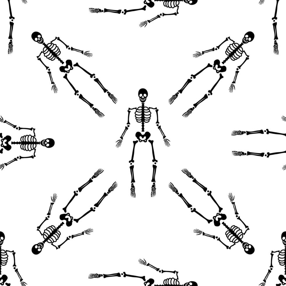 zwarte skeletten in verschillende poses patroon. halloween-ontwerp. perfect voor herfst, vakantie, stof, textiel. naadloos herhaalstaal. vector