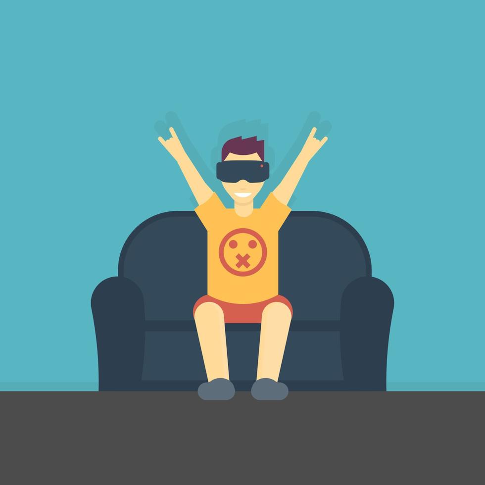 vrolijke man in virtual reality-headset op de bank in vlakke stijl, vectorillustratie vector