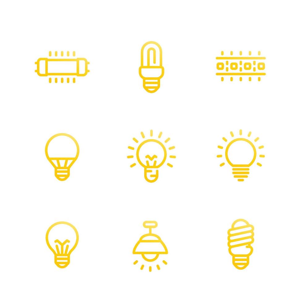 verlichting, gloeilampen, verlichtingslijn iconen set, fluorescentielampen, halogeenlampen en ledstrip op wit vector