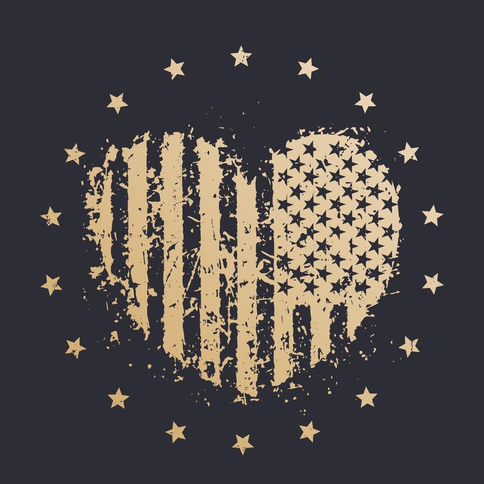 hart met Amerikaanse vlag, Amerikaans patriottisch teken, goud op donker vector