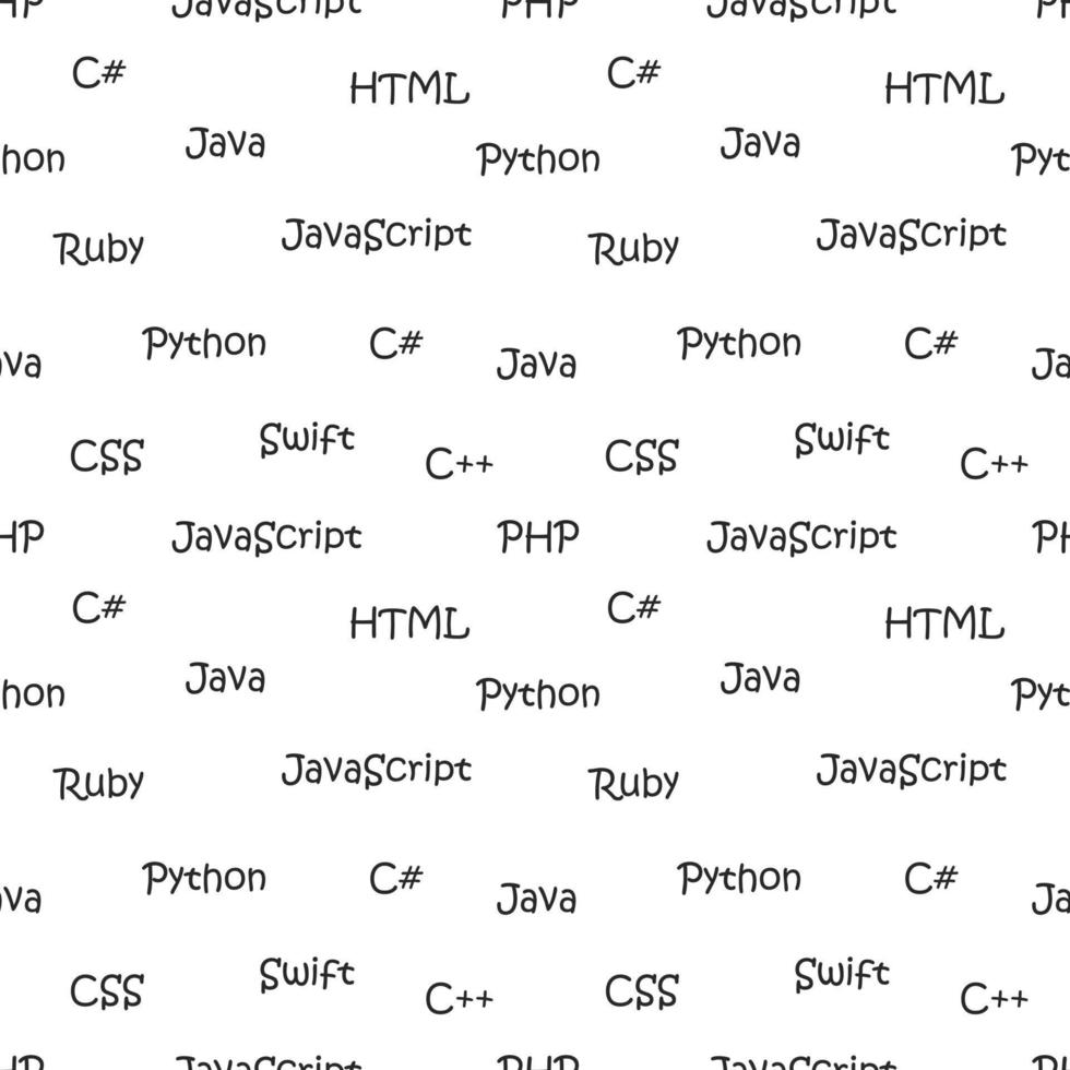 vector naadloos patroon met programmeertalen. namen van machinetalen. zwart en wit.