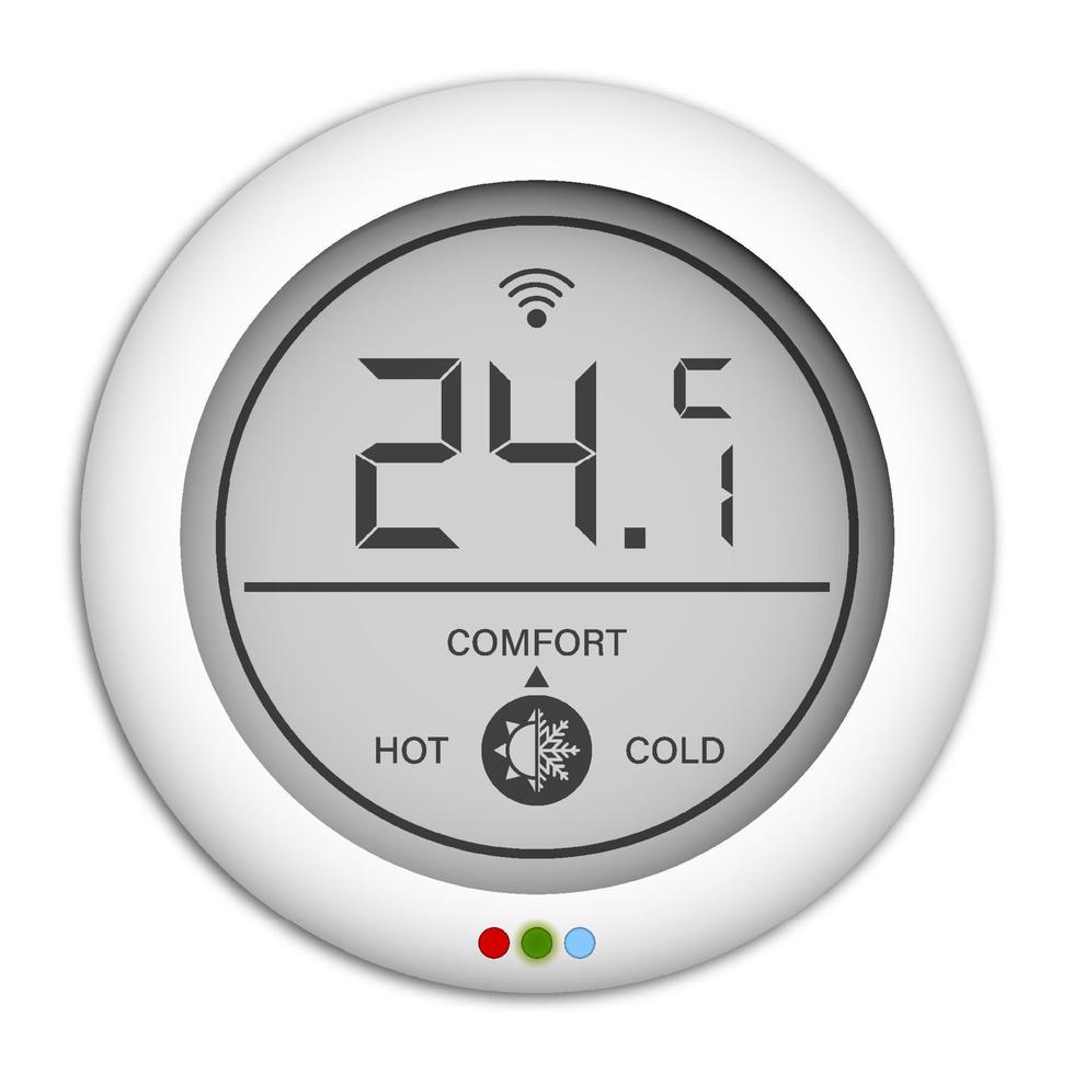 wandgemonteerde digitale controller, regelaar voor afstandsbediening van klimaat in huis. onderdeel van het slimme huissysteem. comfortabele kamertemperatuur. realistische vector