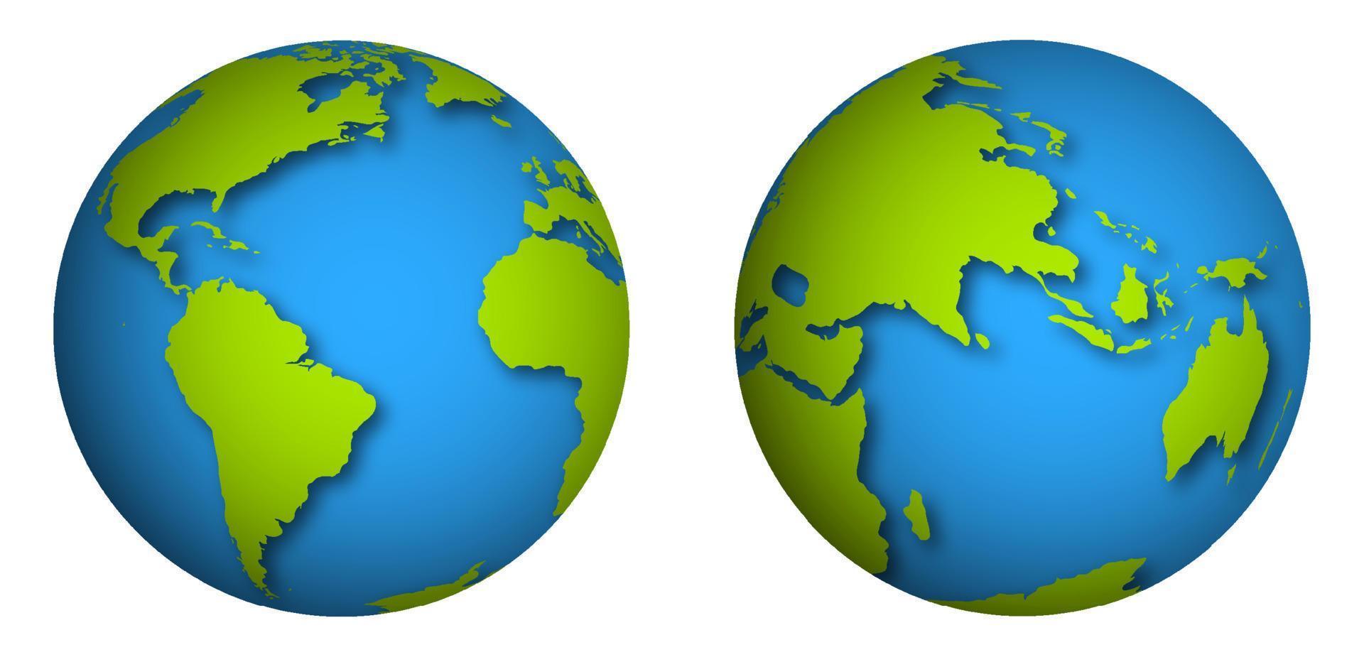 wereldbol, planeet aarde. realistische aarde hemisferen icoon in blauw groene kleur. cartografie en reizen. geïsoleerde vector op witte achtergrond