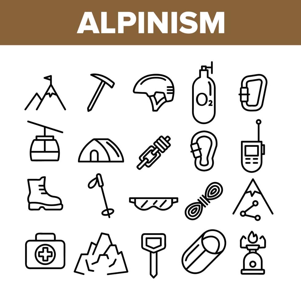 alpinisme en bergbeklimmen apparatuur vector lineaire pictogrammen set