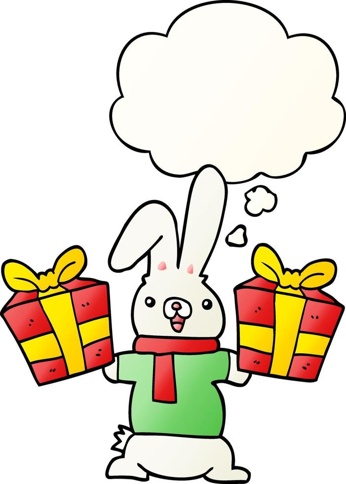 cartoon konijn met kerstcadeautjes en gedachte bel in vloeiende verloopstijl vector