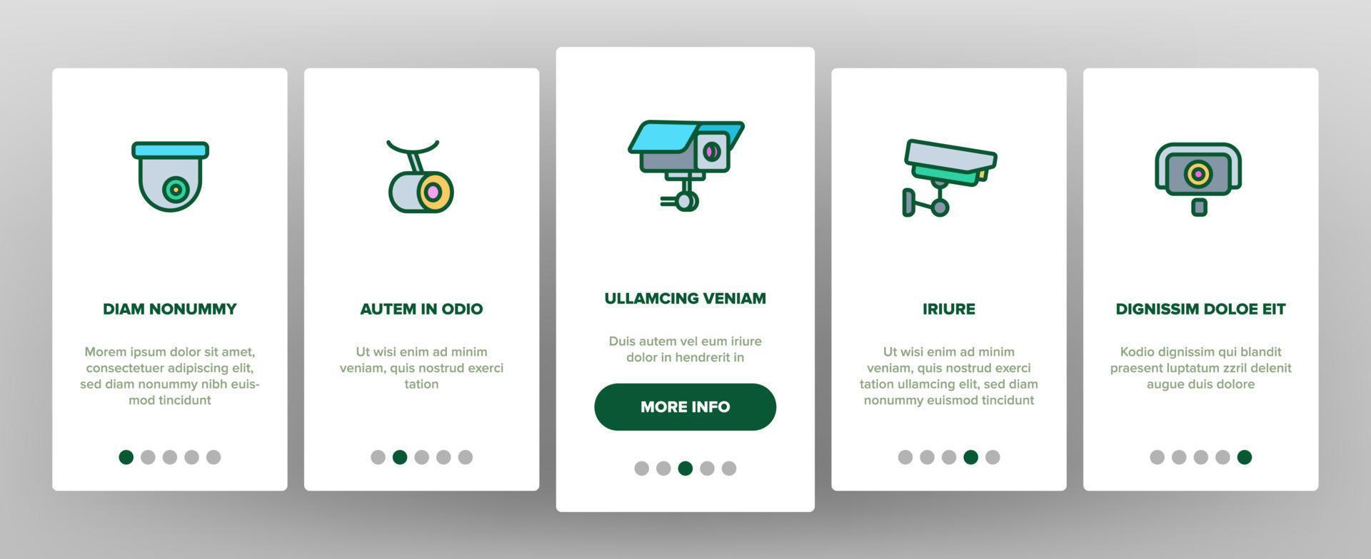 bewakingscamera's, cctv lineaire vector onboarding mobiele app paginascherm