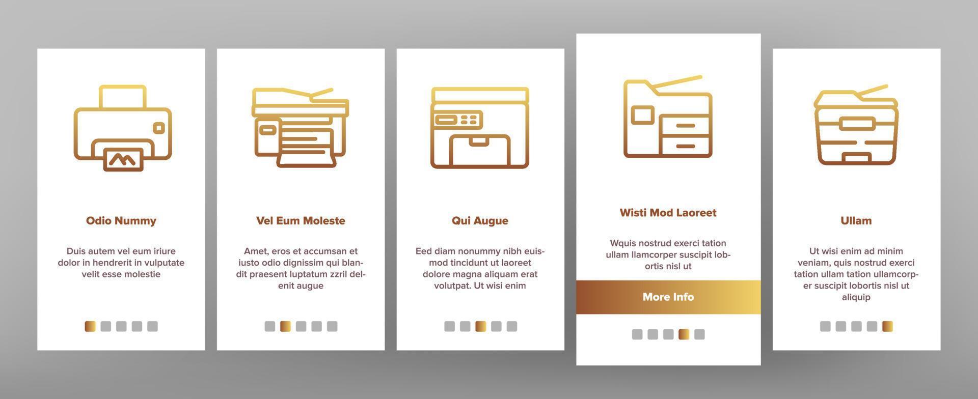 fotokopieerapparaat onboarding pictogrammen instellen vector