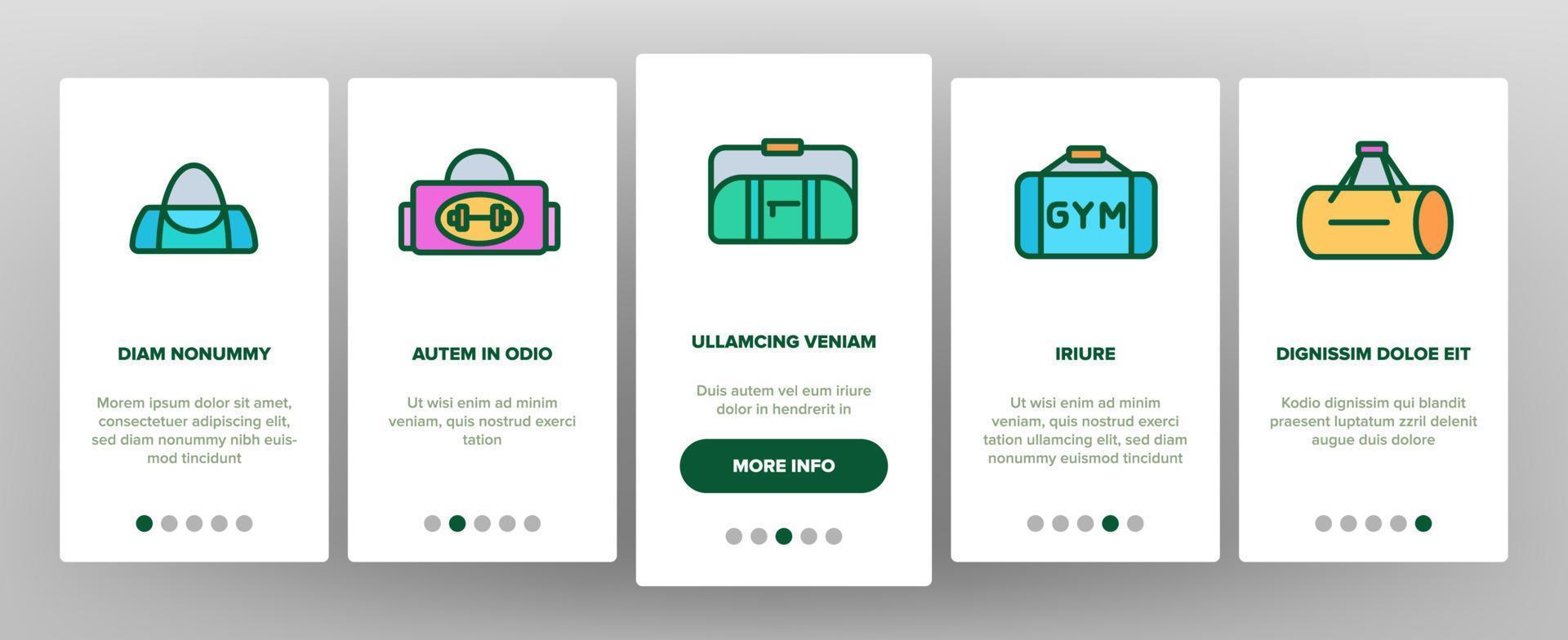 sporttas accessoire onboarding pictogrammen instellen vector