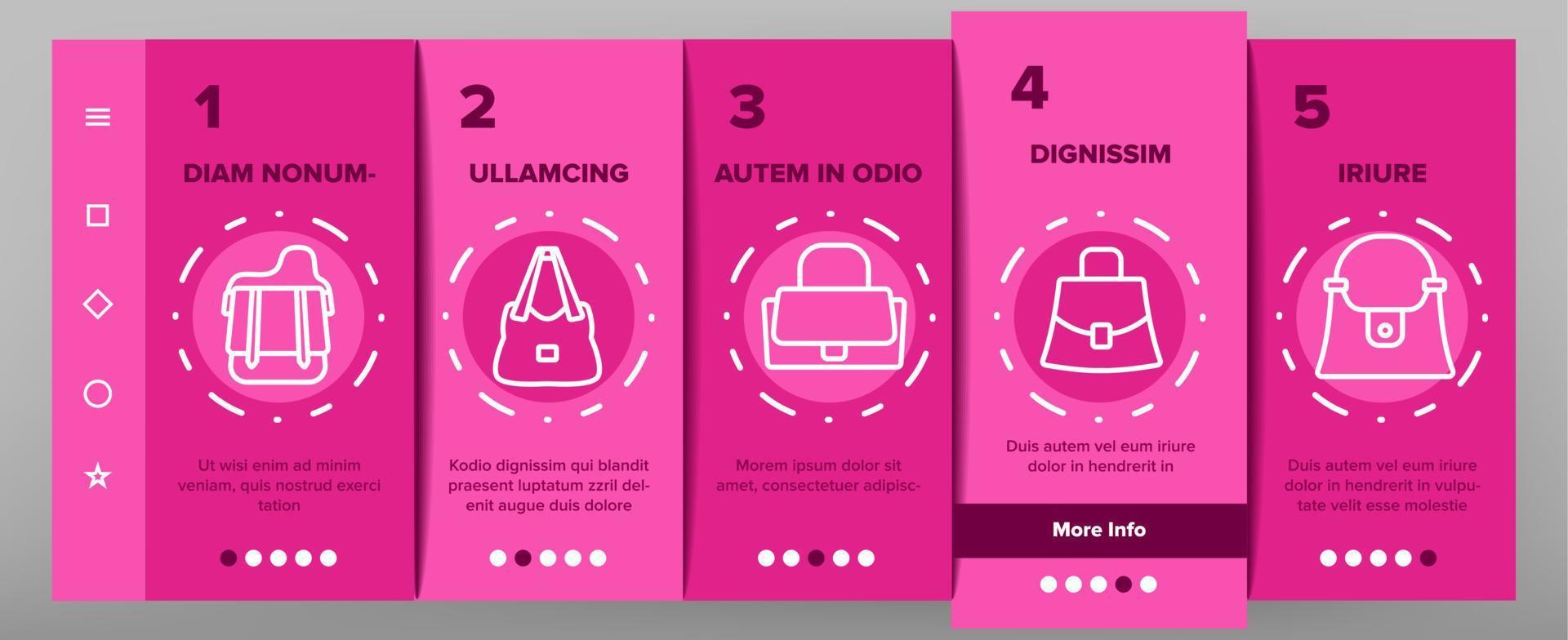 vrouwen tas accessoire onboarding pictogrammen instellen vector