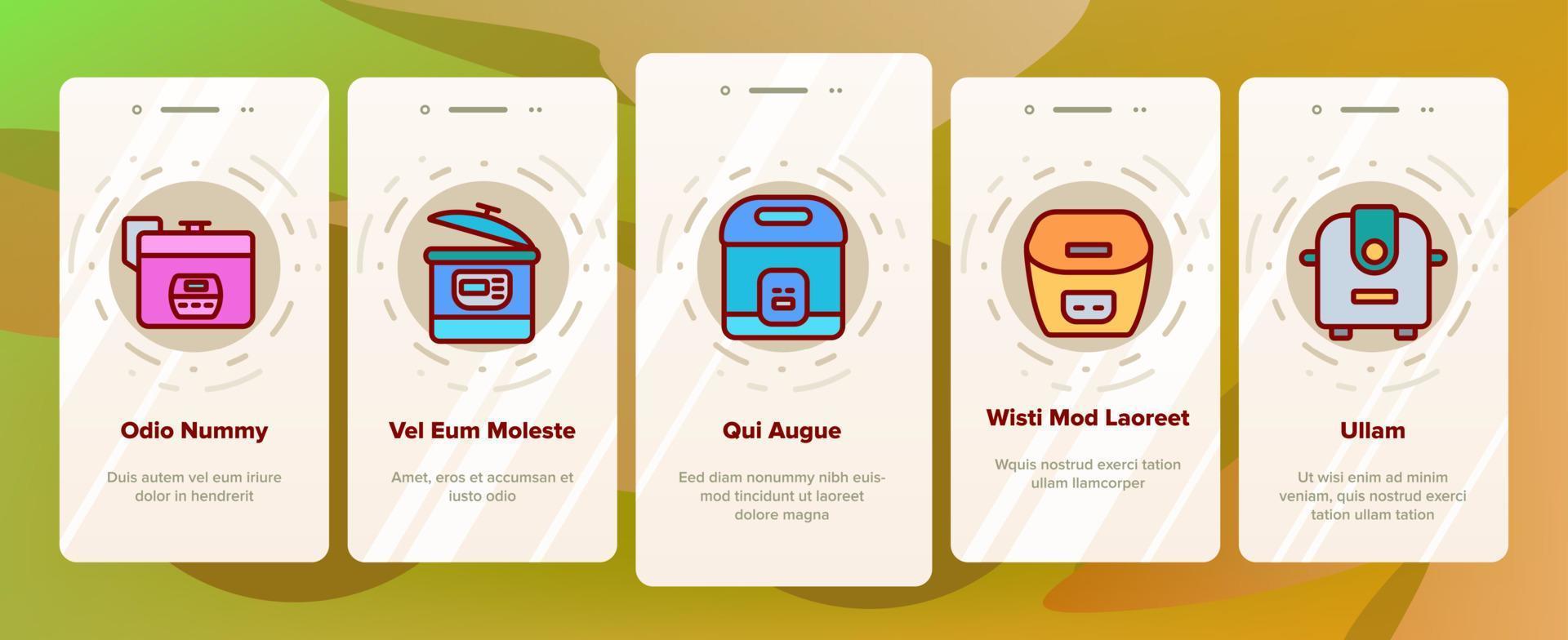 rijstkoker apparatuur onboarding pictogrammen instellen vector