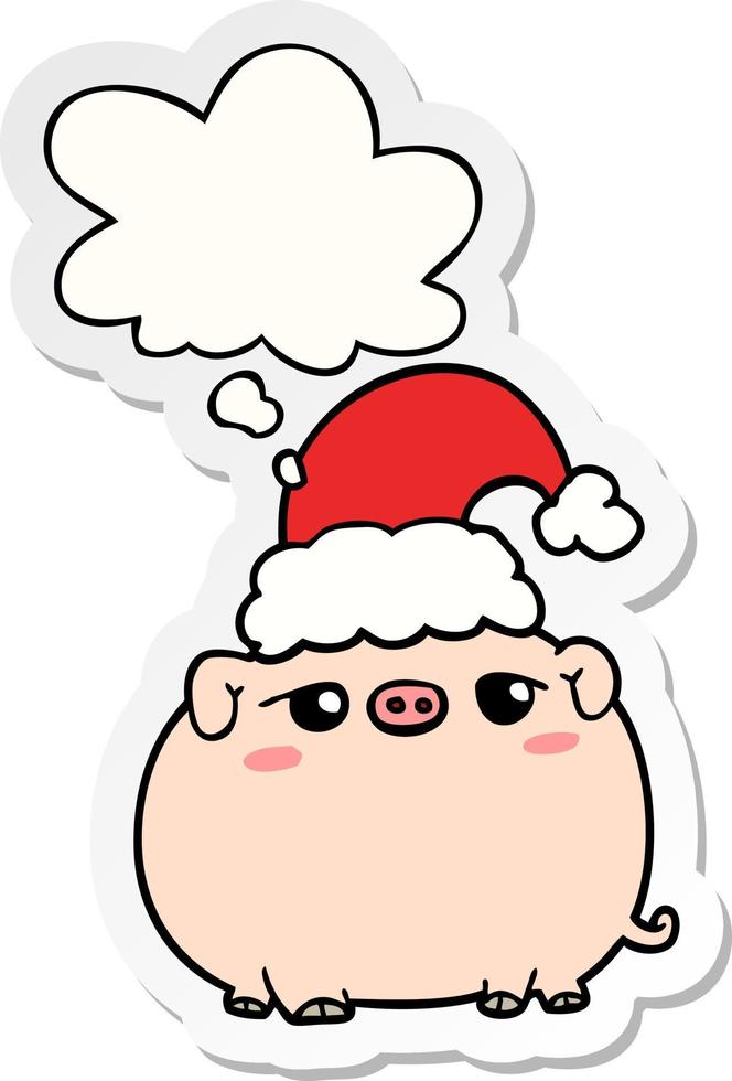 cartoon varken met kerstmuts en gedachte bel als een gedrukte sticker vector