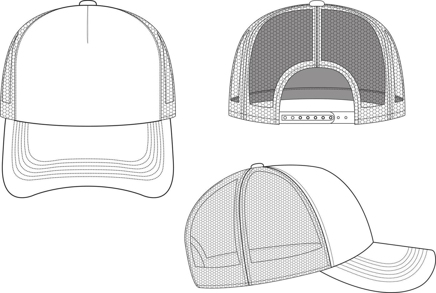 trucker hoed snapback technische tekening illustratie blanco streetwear mock-up sjabloon voor ontwerp en tech packs cad strap mesh vector