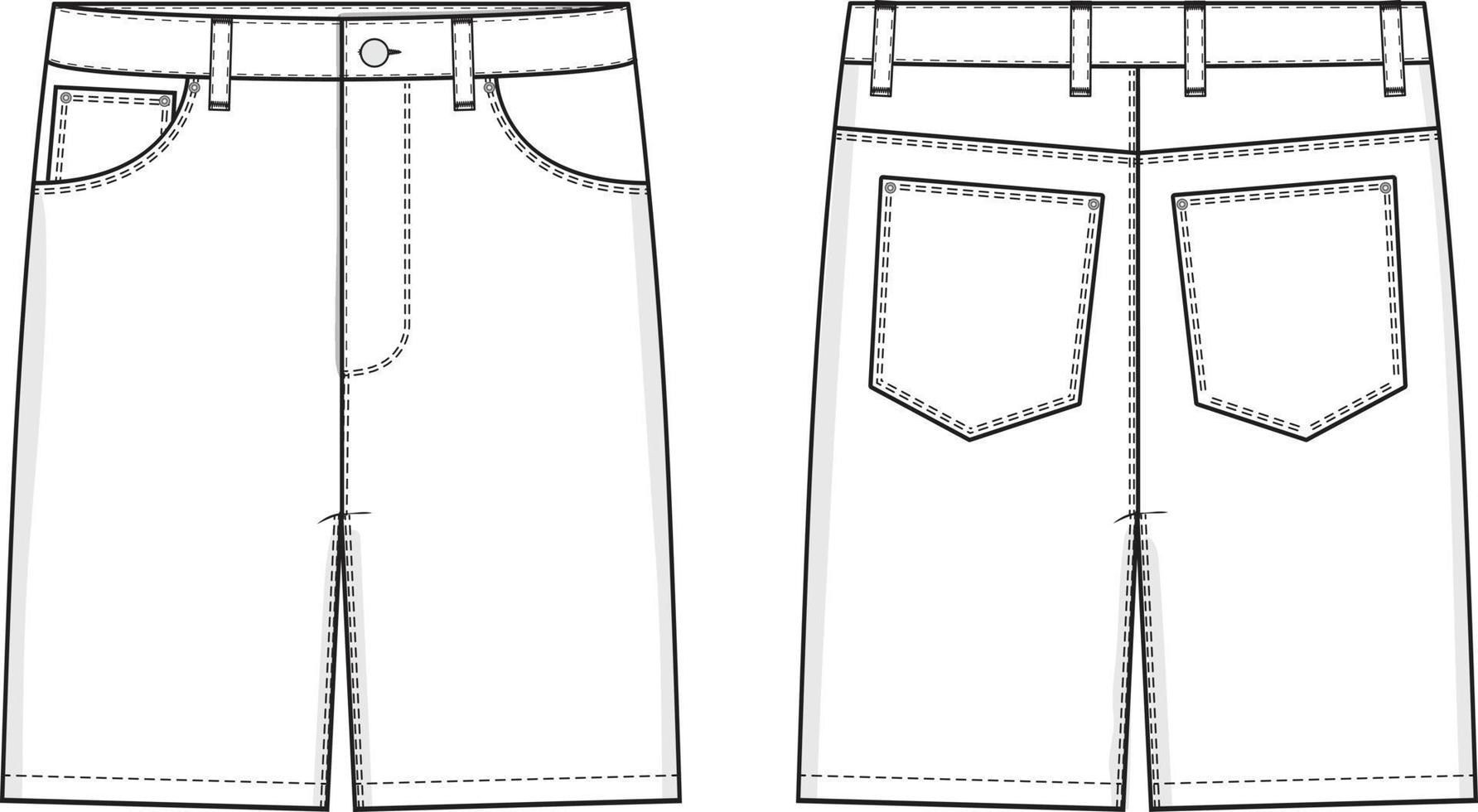 jean shorts platte technische tekening illustratie vijf zakken klassiek leeg streetwear mock-up sjabloon voor ontwerp en tech packs cad denim vector