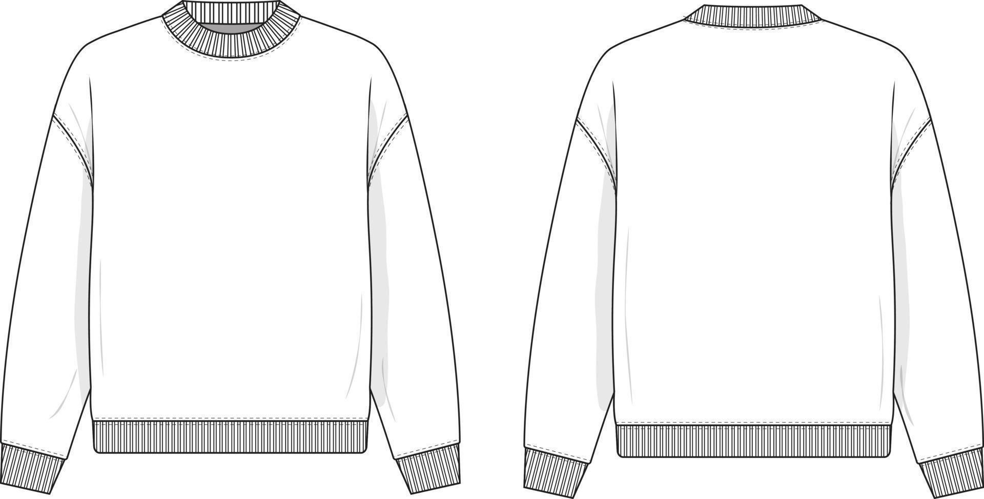 ronde hals trui platte technische tekening illustratie mock-up sjabloon voor ontwerp en tech packs mannen of unisex fashion cad streetwear vrouwen. vector