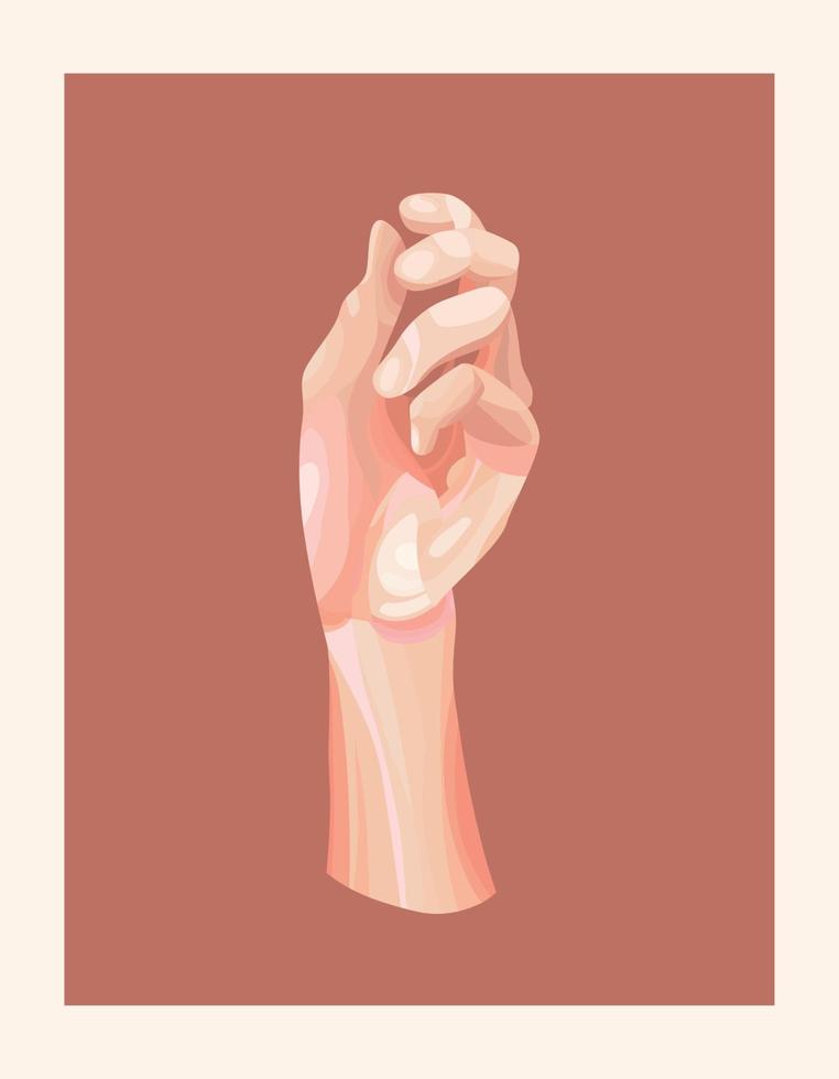 hand met palm omhoog en sluit vingers. geef mij geld. enige verandering. close-up lichaamsdeel. helpende hand. plat ontwerp. bruine achtergrond. vectoraffiche. vector