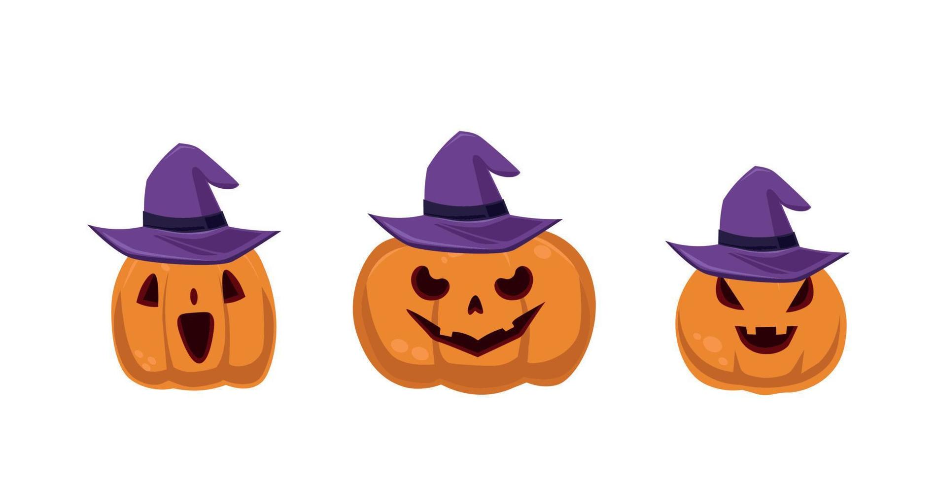 feestelijke set 3 st. Halloween-pompoenen in hoed die op witte achtergrond wordt geïsoleerd - vector