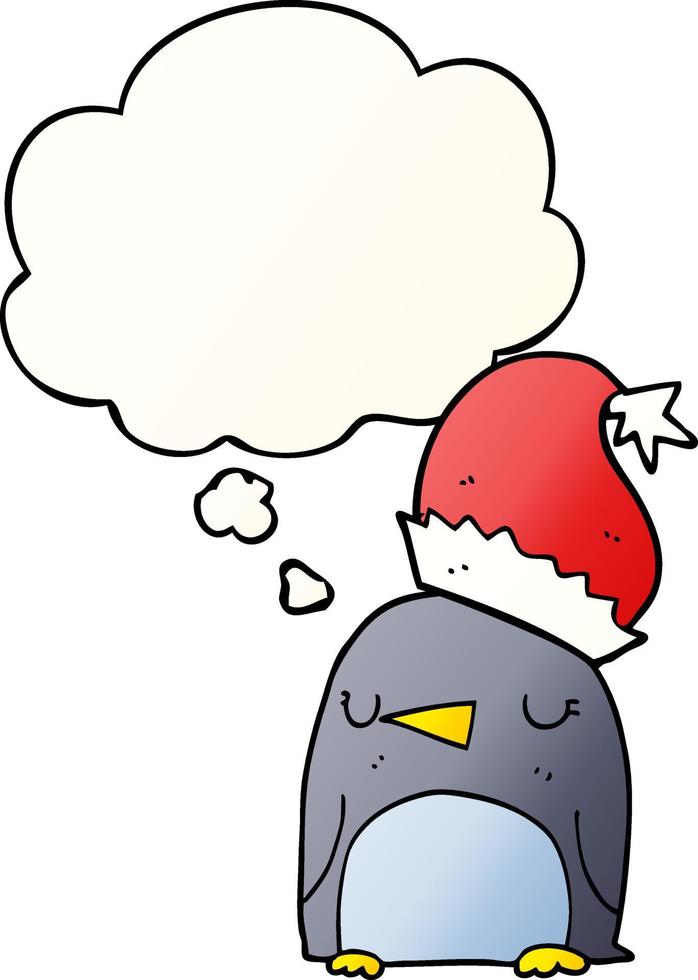 schattige kerstpinguïn en gedachtebubbel in vloeiende gradiëntstijl vector