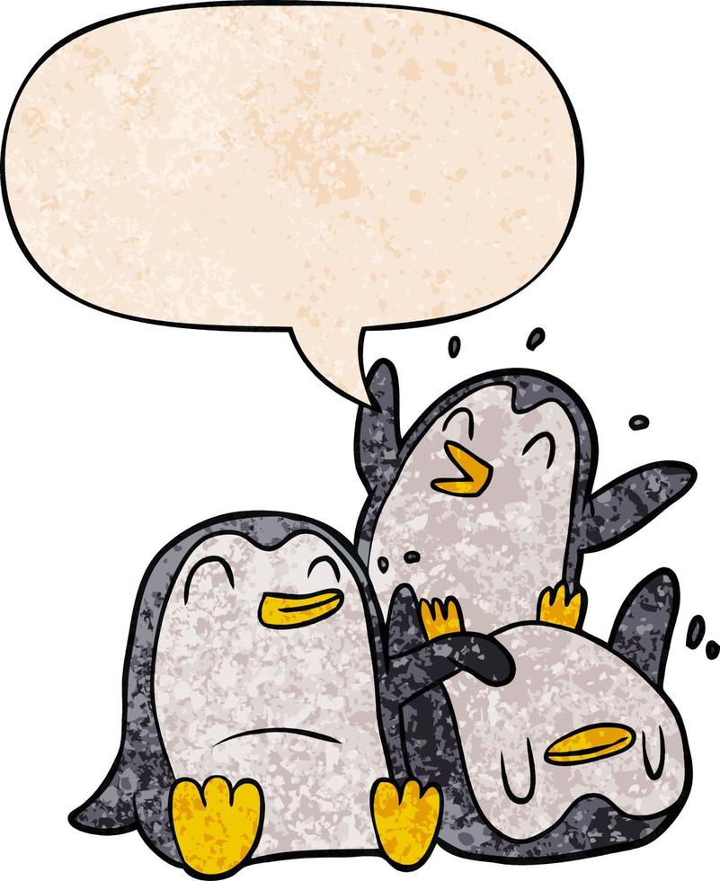cartoon gelukkige pinguïns en tekstballon in retro textuurstijl vector