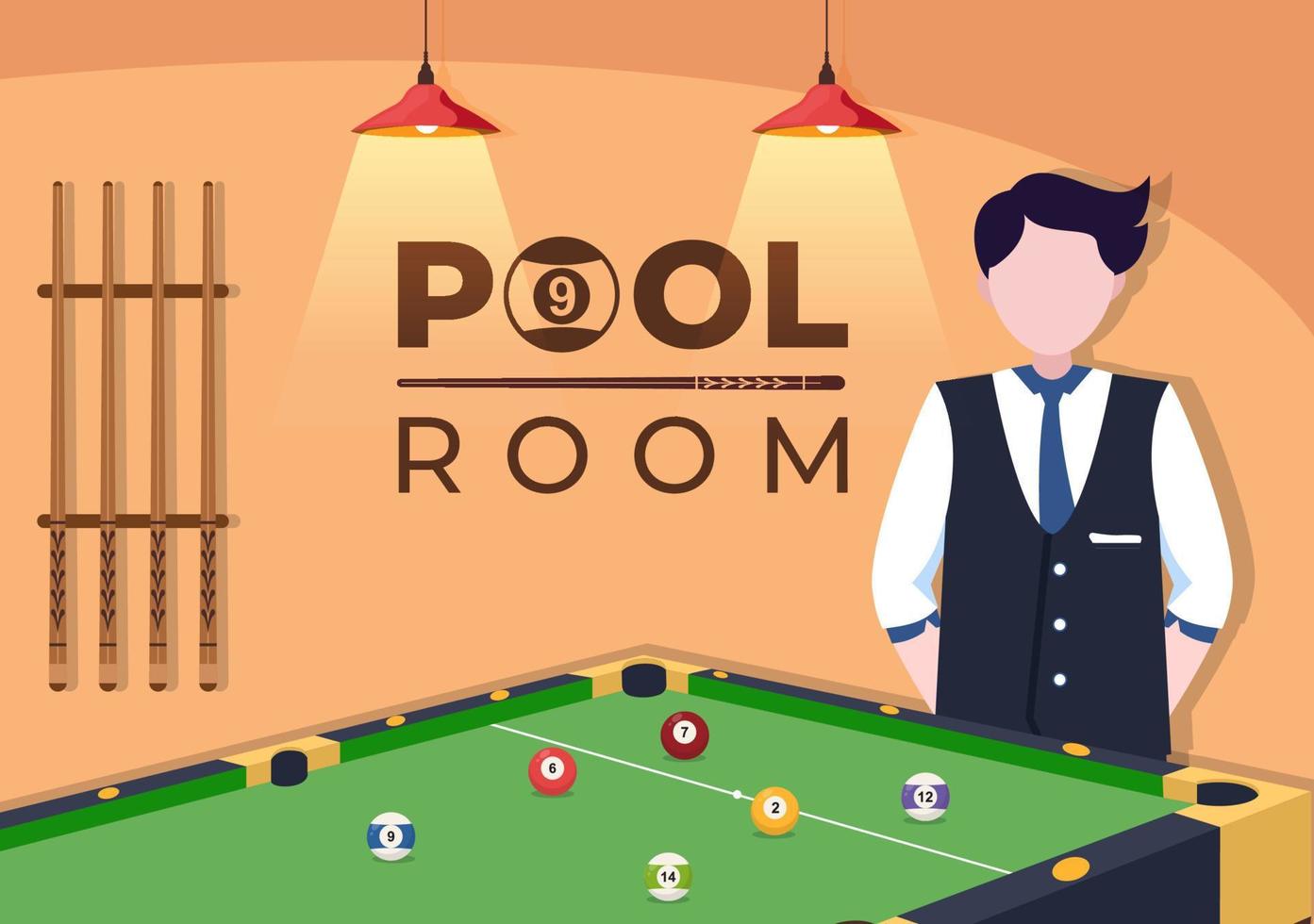 Biljart spel hand getekende cartoon vlakke afbeelding met speler pool kamer met stok, richtsnoer gericht op biljartballen in sportclub vector