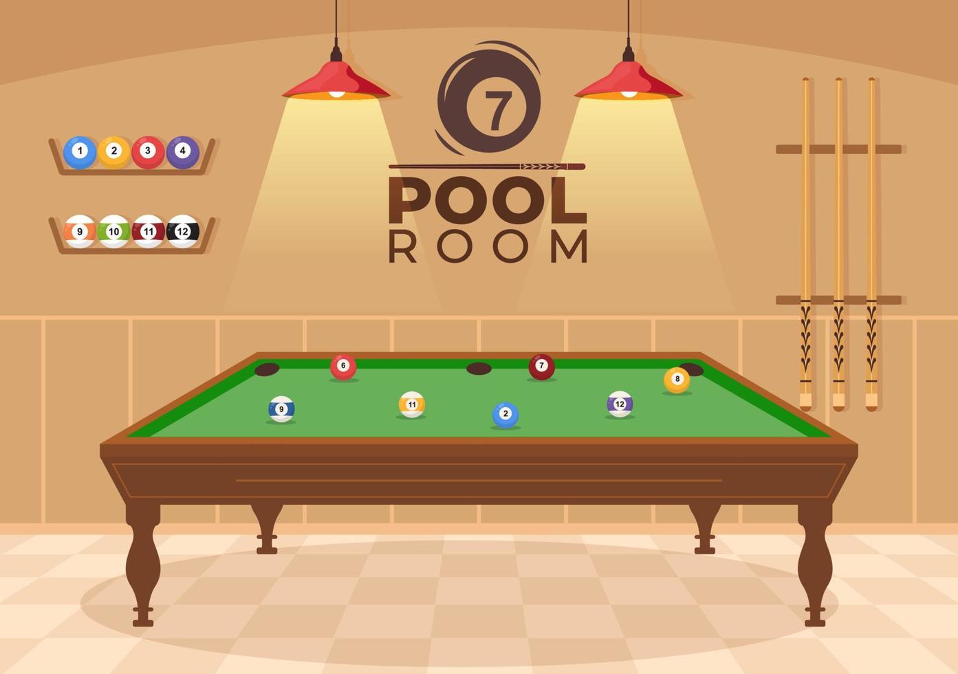 biljart spel handgetekende cartoon platte achtergrond afbeelding met pool kamer met stok en biljartballen in sportclub vector
