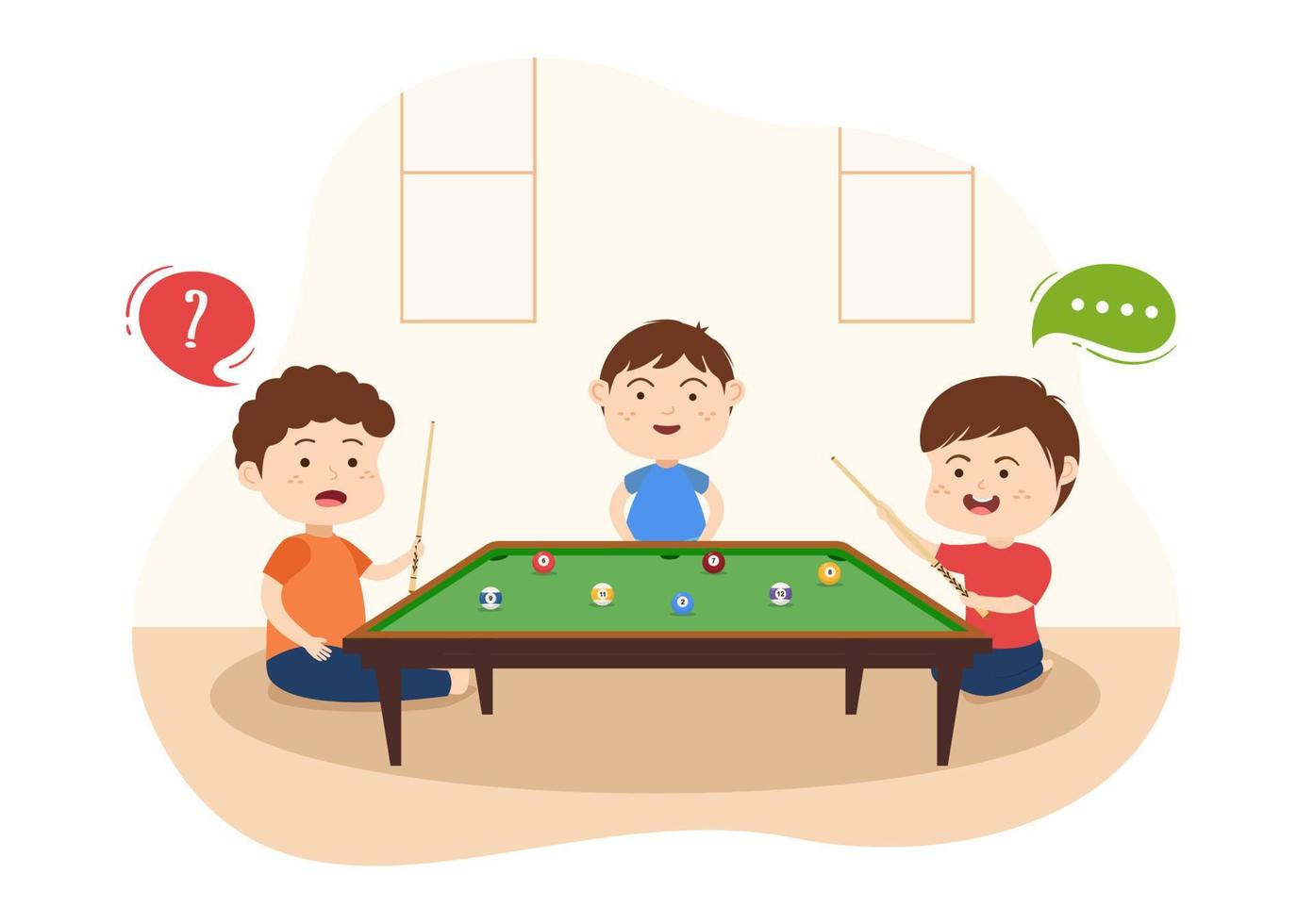 Biljart spel hand getekende cartoon vlakke afbeelding met kinderen speler pool kamer met stok, cue gericht op biljartballen in sportclub vector