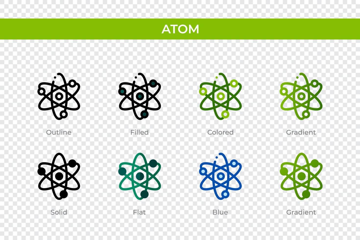 atoompictogram in verschillende stijl. atoom vector iconen ontworpen in omtrek, effen, gekleurd, gevuld, verloop en vlakke stijl. symbool, logo afbeelding. vector illustratie