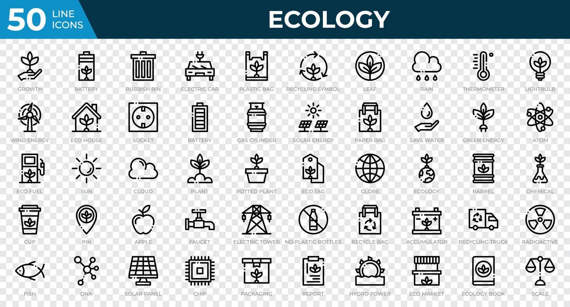 set van 50 ecologie web iconen in lijnstijl. recycling, biologie, hernieuwbare energie. overzicht iconen collectie. vector illustratie