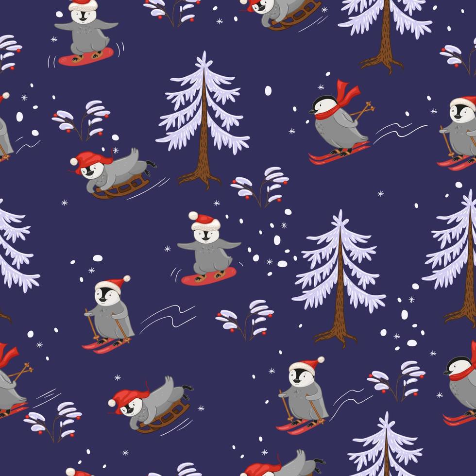 skiërs pinguïns naadloze patroon. print voor inpakpapier of stof. vector