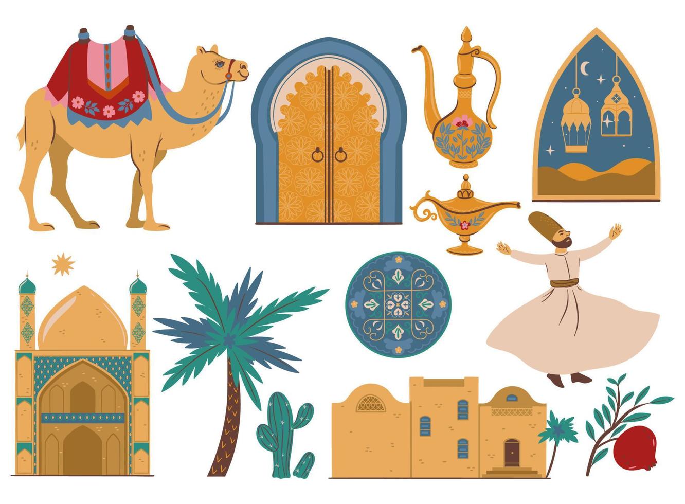 set van Arabische items geïsoleerd op een witte achtergrond. vectorafbeeldingen. vector