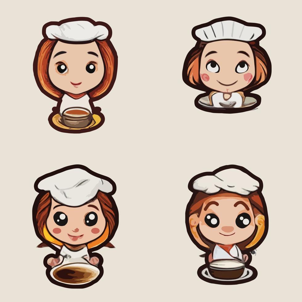 schattig meisje chef-kok taart koffie eten restaurant logo 2d hand getekende cartoon kunst vector