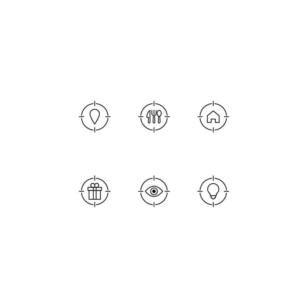 lijn icon set met monochrome borden geschikt voor advertenties, winkels, winkels, apps. geo-teken, mes, vork, huis, geschenkdoos, oog, gloeilamp in doel vector