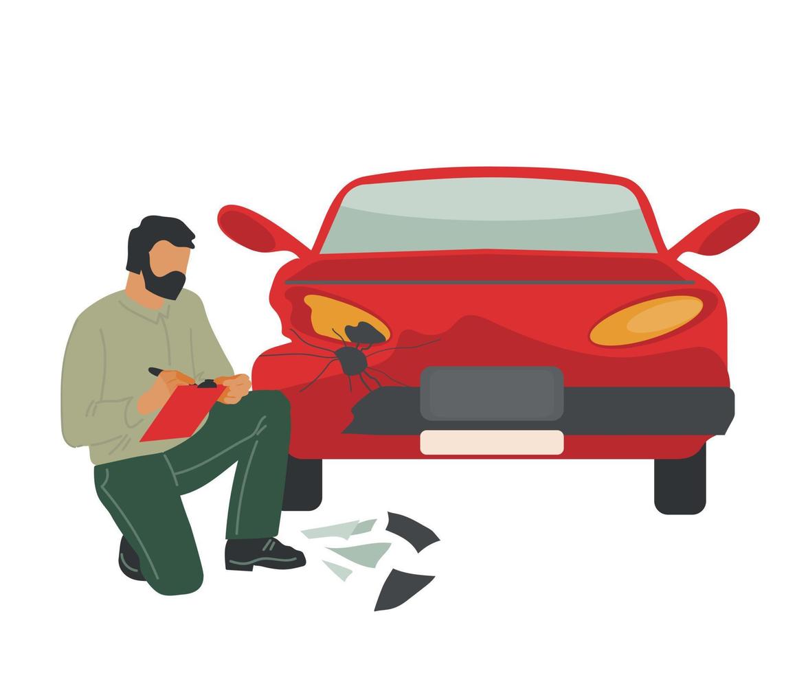 verzekeringsagent of auto-ongeluk inspecteur expertise voertuig na verkeersongeval. autoschade inspectie en registratie. autodiagnose en hulp bij pech onderweg. vectorillustratie. vector