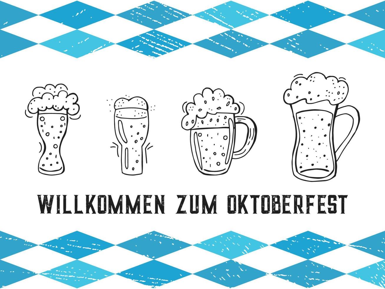 oktoberfest 2022 - bierfestival. handgetekende set doodle elementen. Duitse traditionele vakantie. schets glazen bierpullen met belettering en blauwe ruiten op een witte achtergrond. vector