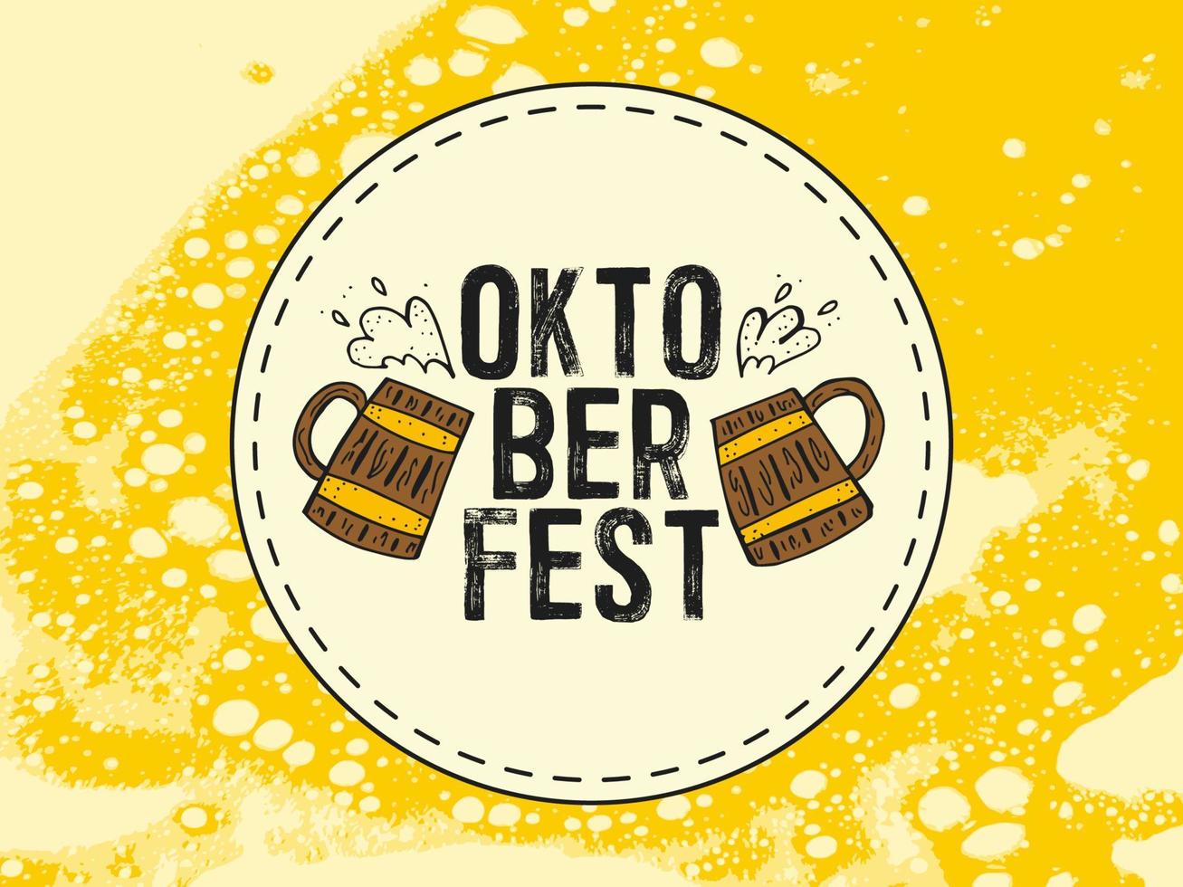 oktoberfest 2022 - bierfestival. handgetekende doodle elementen. Duitse traditionele vakantie. rond embleem met bierpullen en tekst op een lichte bierachtergrond. vector
