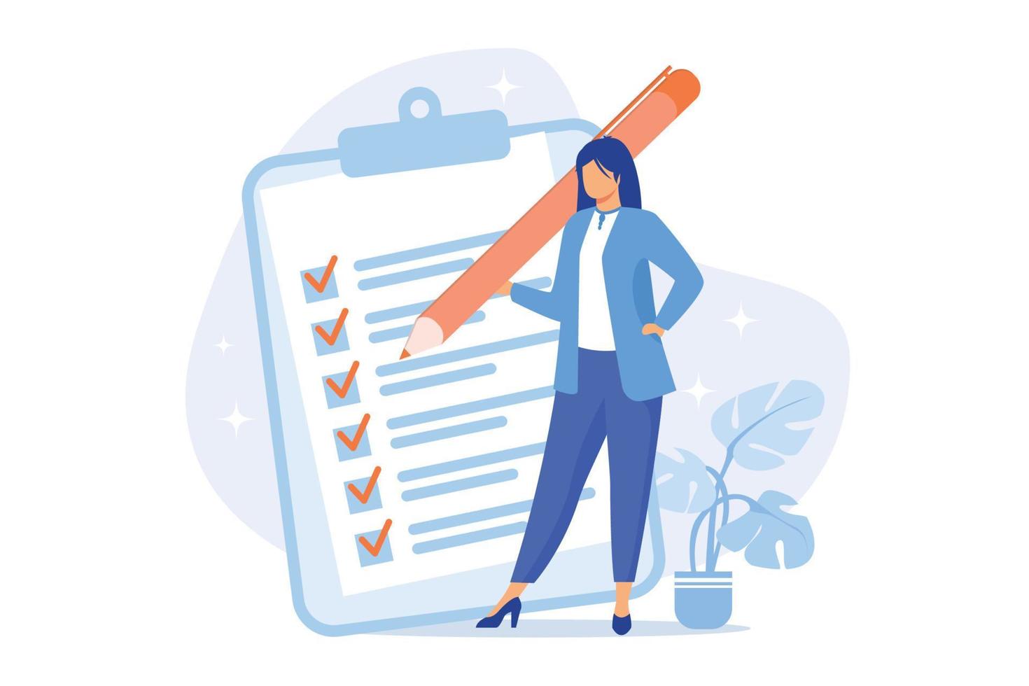 projectmanagement, voltooiing van doelen, takenlijst. enquête beantwoorden. hulpmiddel voor bedrijfsorganisatie. officemanager met checklist en potlood. vector illustratie