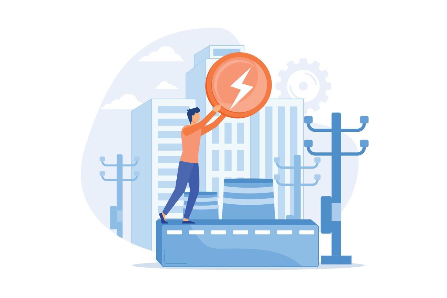 elektriciteitscentrale, elektrische industrie, energieproductie. elektriciteitsopwekkingsstof, onderstation, elektrische energiebronmetafoor. vector illustratie