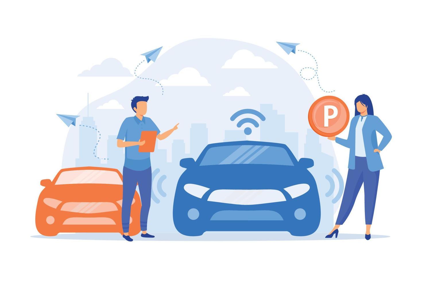 zelfrijdende auto met sensoren automatisch geparkeerd op parkeerplaats. zelfparkerend autosysteem, zelfparkerend voertuig, slim parkeertechnologieconcept. vector illustratie