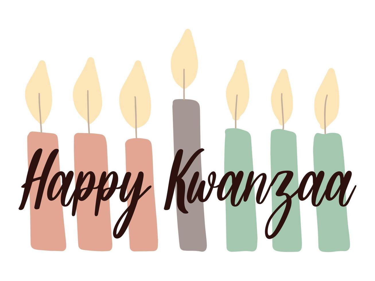 happy kwanzaa - wenskaart met scriptletters en met de hand getekende eenvoudige kinara-kaarsen. afro-amerikaanse erfgoed viering festival banner vector