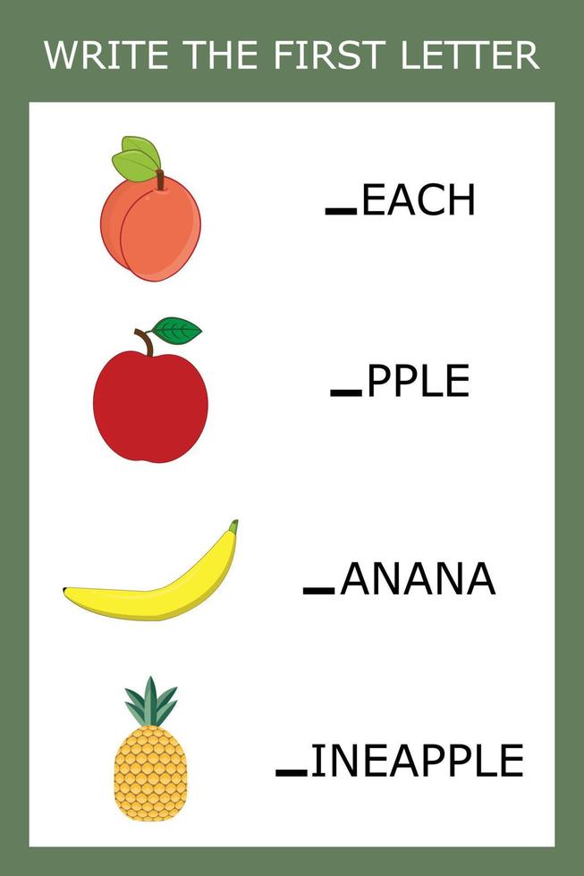 schrijf de eerste letter, een spel voor kinderen om het alfabet te leren. werkblad om af te drukken. educatief spel voor kinderen. vector