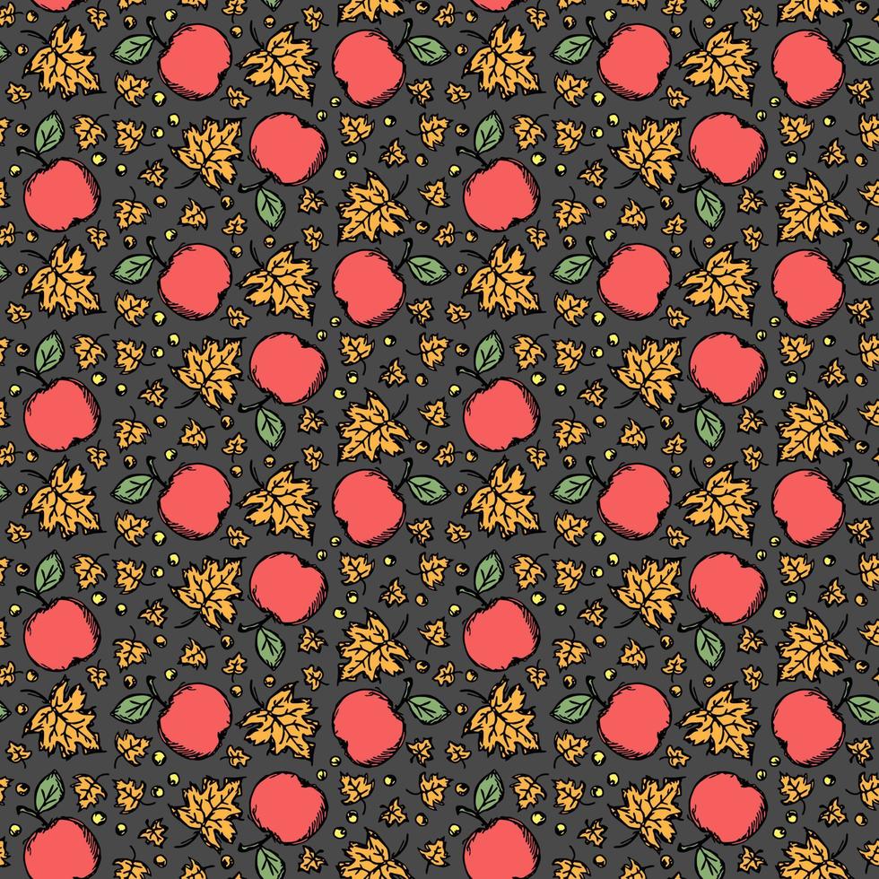 naadloos herfstpatroon met appels en bladeren. rode appels en esdoorn bladeren achtergrond. appel patroon vector