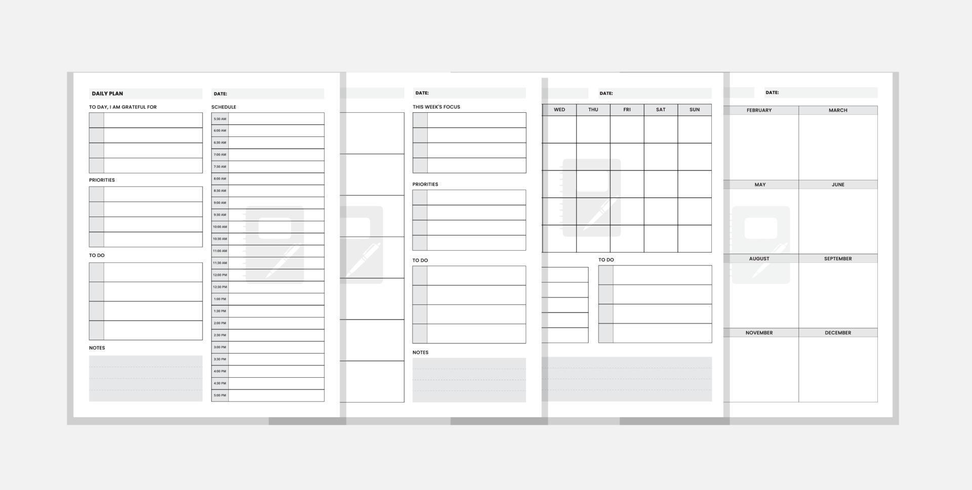 dagelijkse, maandelijkse, wekelijkse en jaarplansjabloonset. planner notebook organizer voor persoonlijke en werkkwesties vector