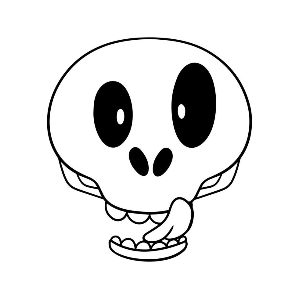 zwart-wit beeld, karakter dat een schedel likt, schattige cartoonschedel voor een vakantie, vectorillustratie in cartoonstijl op een witte achtergrond vector