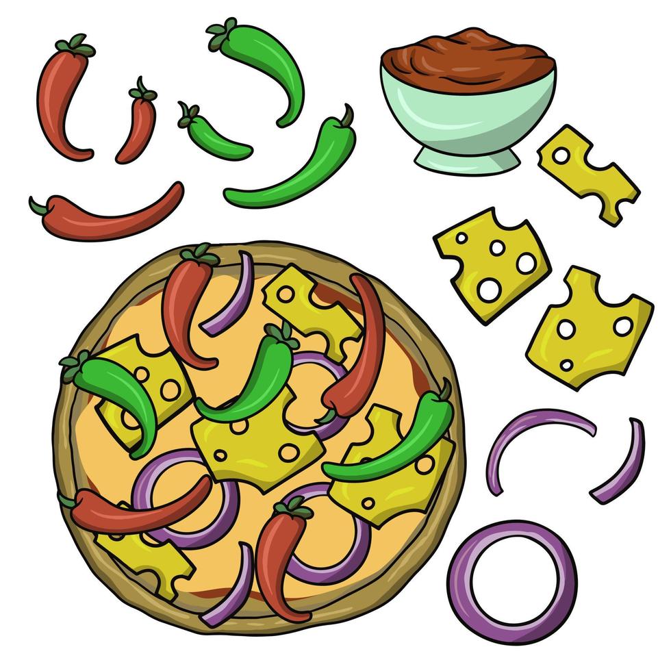 pizza met groenten, een set pictogrammen voor het maken van pizza met hete peper, vectorillustratie in cartoon-stijl op een witte achtergrond vector