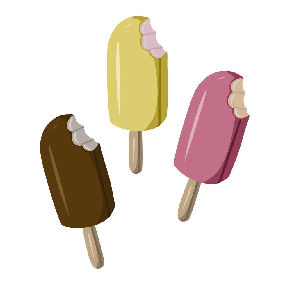 chocolade- en fruitijs op een stokje, fruitijs, vectorillustratie in vlakke stijl, op een witte achtergrond vector