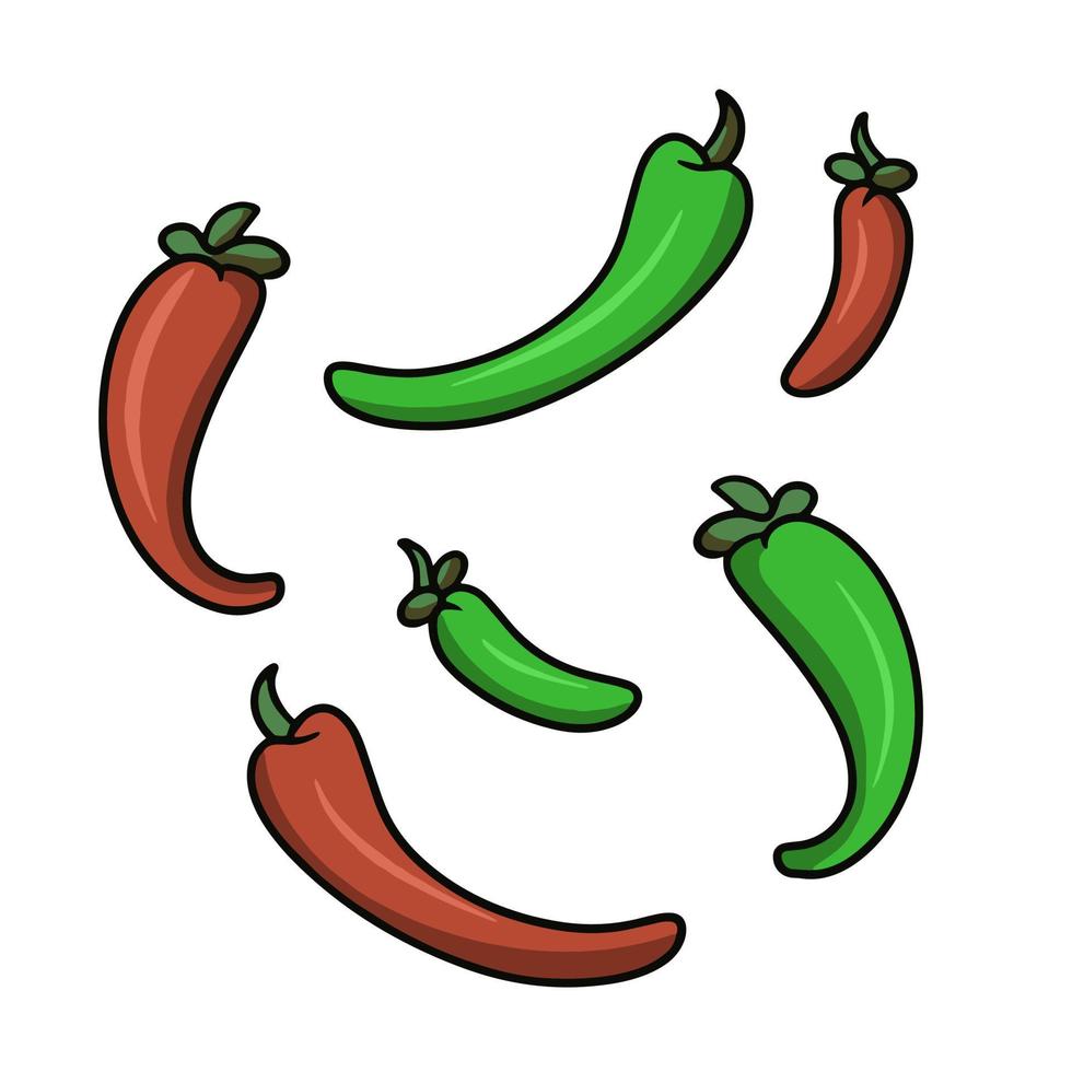 set pictogrammen ingrediënten voor het koken, rode en groene peper, vectorillustratie in cartoon-stijl op een witte achtergrond vector