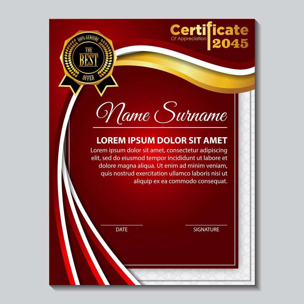award sjablooncertificaat, gouden kleur en rood verloop. bevat een modern certificaat met een gouden badge vector
